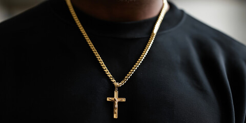 Fototapeta premium Man wearing gold cuban link chain with crucifix pendant