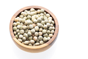 Green Peas in Wooden Bowl Isolated White Background