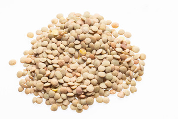Uncooked Green Lentils Scattered On White Background
