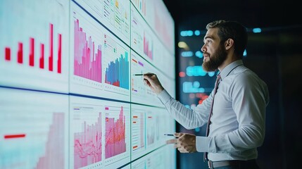A professional analyzing data on large screens, highlighting trends and insights with a pen in a modern office environment.