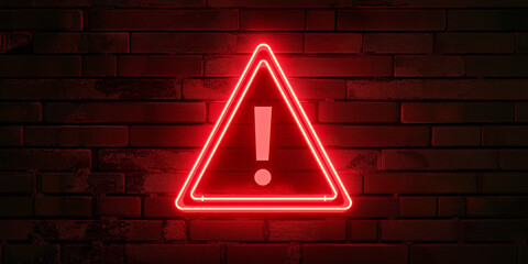 Red neon warning sign on a brick wall showing caution and danger