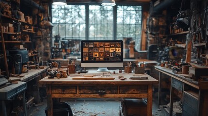 Workshop with Woodworking Monitor and Tools. Generative AI