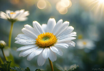 Obraz premium A close-up view of a single daisy flower, with detailed focus on its delicate white petals and vibrant yellow center 