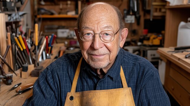 An elderly craftsman with glasses and apron stands proudly in his workshop, filled with tools, showcasing skill and dedication.