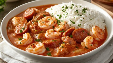 Hearty Gumbo with Rice in Vibrant White Bowl