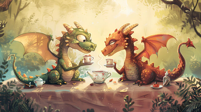 A mythical dragons tea party blending in a vibrant forest landscape.