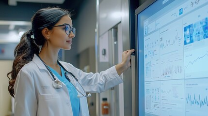 A healthcare professional interacts with a digital display, analyzing medical data in a modern hospital setting.