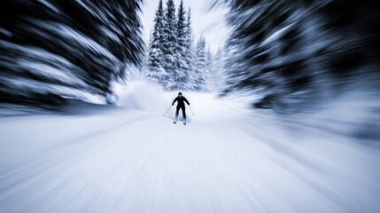 Skier gliding snow mountain high speed streaked blurred trees motion. AI generated