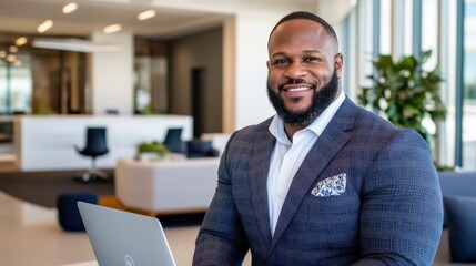 Fototapeta premium A cheerful man in a suit exudes confidence as he sits joyfully in a modern office, the warm light adding to his buoyant mood.