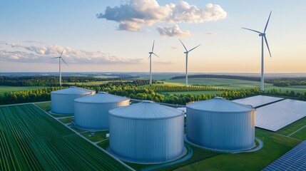 Aerial view of large storage tanks, wind turbines, and solar panels surrounded by green fields under a blue sky.