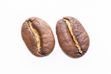 Two Roasted Coffee Beans Closeup Isolated White