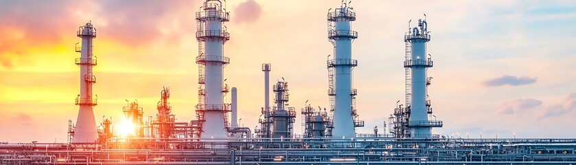 Obraz premium A sunset view of an industrial facility featuring towering smokestacks and complex machinery, illustrating energy production and urban infrastructure.