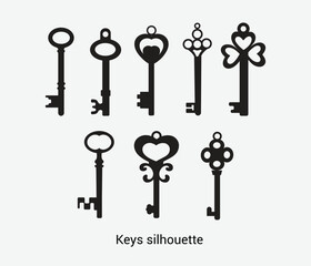 Vector keys silhouette. Antique old key silhouette illustrations