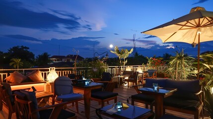 Naklejka premium Top Floor Outdoor Terrace - a serene and inviting space. The terrace offers a perfect blend of comfort and elegance, ideal for relaxation and enjoyment.