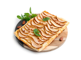 Delicious puff pastry tart with pears, almond and mint isolated on white