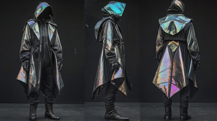 Iridescent Stealth Hooded Coat: Futuristic Cyberpunk Fashion