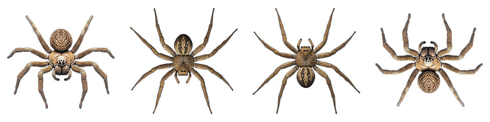 Four different spiders are shown in a row, each with a different color