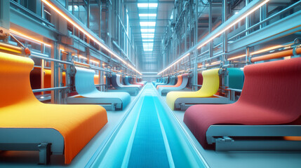 Obraz premium Automated Fabric Production: Smart Factory, Sustainable Textile Manufacturing, Vivid Colors, Eco-Friendly Materials, High-Tech Industry