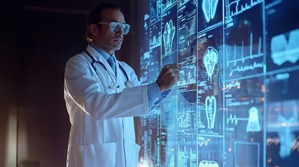 A medical professional interacts with a digital interface displaying healthcare data and heart metrics in a futuristic setting.