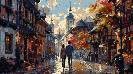 Fototapeta premium A couple strolls hand-in-hand down a cobblestone street lined with historic buildings. They pause to admire the architecture, snapping photos as they take in the rich history and culture of the city