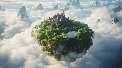 A floating island above a beautiful sky, adorned with vibrant greenery and a grand castle