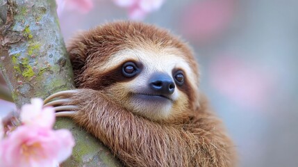 Naklejka premium Adorable Sloth Hanging on Tree Branch with Pink Flowers Wildlife Photo