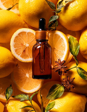 Amber glass bottle with pipette on top of Lemon in the background, photo seen from above, essential oil, aromatherapy, laranja doce &oacute;leo essencial, petitgrain