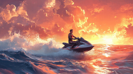 Jetski in water. Summer tropical sports.