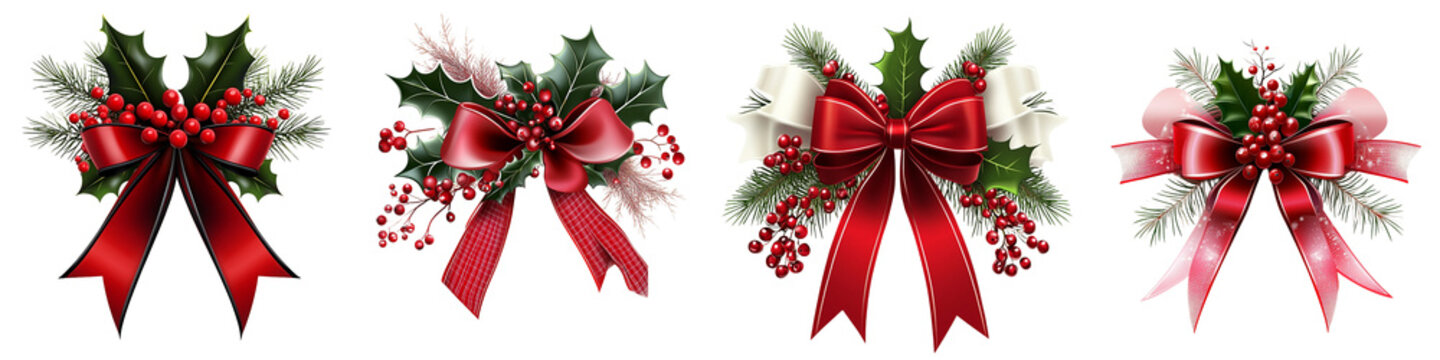 Four red bows with green leaves and berries