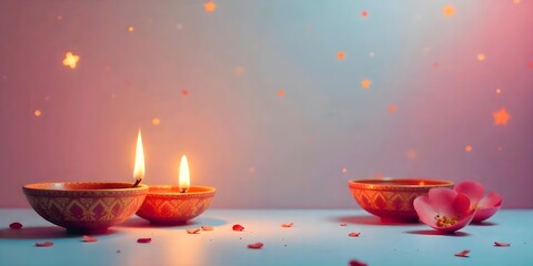 The elegant Diwali card background has a soft pastel color gradient and boasts an ornate border filigree, as well as an arrangement of glowing Diwali lamps.