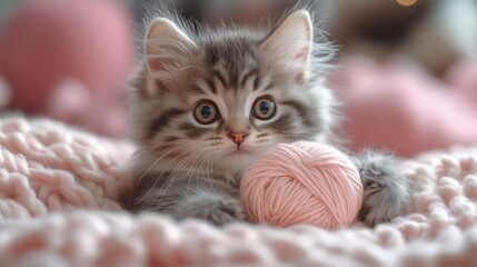 Adorable kitten interacting with a heart-shaped yarn ball, radiating playfulness and charm. AI generated