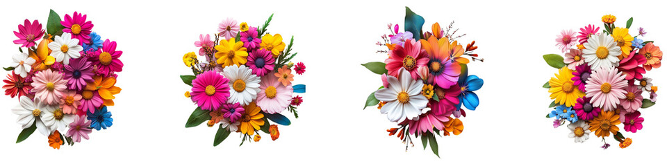 Four different bouquets of flowers are displayed in a row