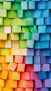 A colorful array of wooden blocks stacked together in a rainbow pattern