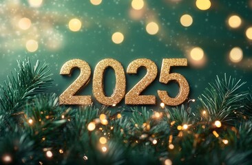 Vibrant green background with golden numbers 2025 shining amidst twinkling lights and fir branches, celebrating the New Year