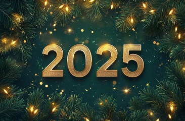 Vibrant green background with golden numbers 2025 shining amidst twinkling lights and fir branches, celebrating the New Year
