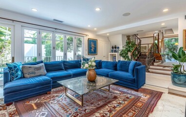 A blue couch is in the living room