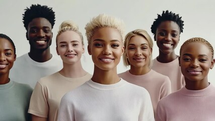 A group of diverse people smile at the camera in front of a white wall