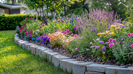 Vibrant garden flower bed with colorful blooms and lavender, surrounded by a stone border on a sunny day