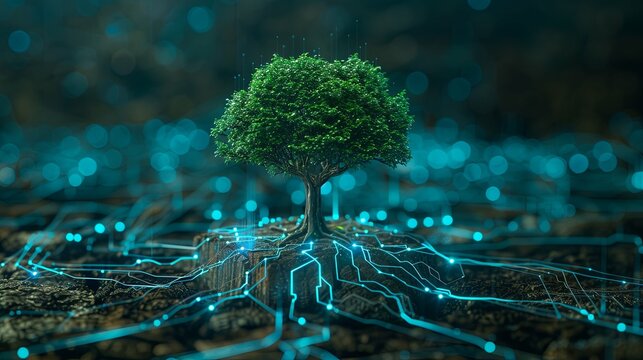 A Digital Circuit Cube with a Tree Growing on Top, Highlighting Technology and Nature Convergence Against a Blue Light Wireframe Network