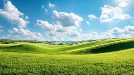 Obraz premium Rolling green hills under a bright blue sky with fluffy white clouds.