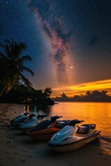 Jetski park at sandy sea beach with coconut tree. Summer tropical sports.