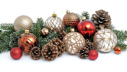 A white background featuring Christmas decorations, pinecones, and ornaments, with a large area for copy text, ideal for holiday cards.