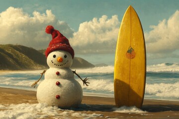 Fototapeta premium A cheerful snowman wearing a Santa hat holds a surfboard on a sunny beach with gentle waves in the background in oil painting style