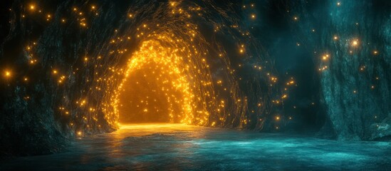 Fototapeta premium A glowing, ethereal portal in a mysterious cave with a blue floor.