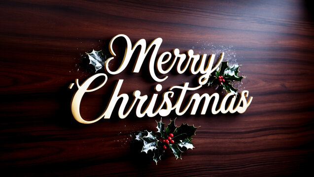 Merry Christmas Typography on a dark wooden background, Christmas greetings banner on dark background, Merry Christmas background with Christmas elements