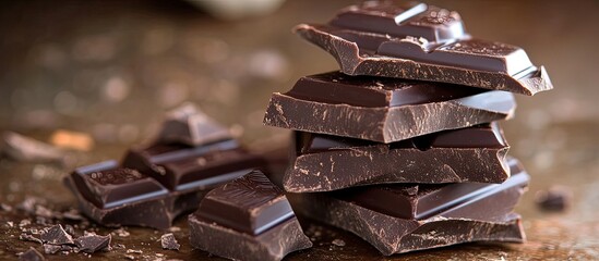 A stack of dark chocolate pieces on a rustic surface.
