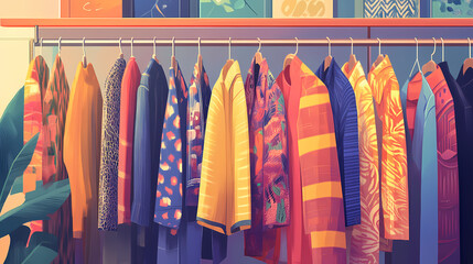 An eclectic display of vintage clothing hanging on racks, with vibrant colors and unique patterns, creating a nostalgic atmosphere in the store generative ai. Vintage. Illustration