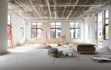A room with a ladder and a pile of wood