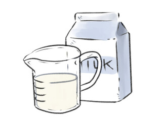 牛乳の紙パックと牛乳を注いだ計量カップ