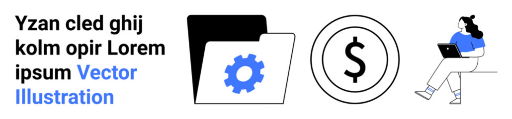 File folder with gear symbol, dollar sign inside a circle, person working on a laptop. Ideal for digital work, organization, file management, finance, technology, remote work, business. Landing page